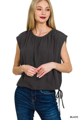 Zenana Woven Drawstring Tie Side Sleeveless Top OutfitFlow