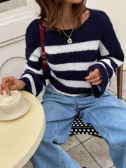 Striped Knit Round Neck Sweater Trendsi