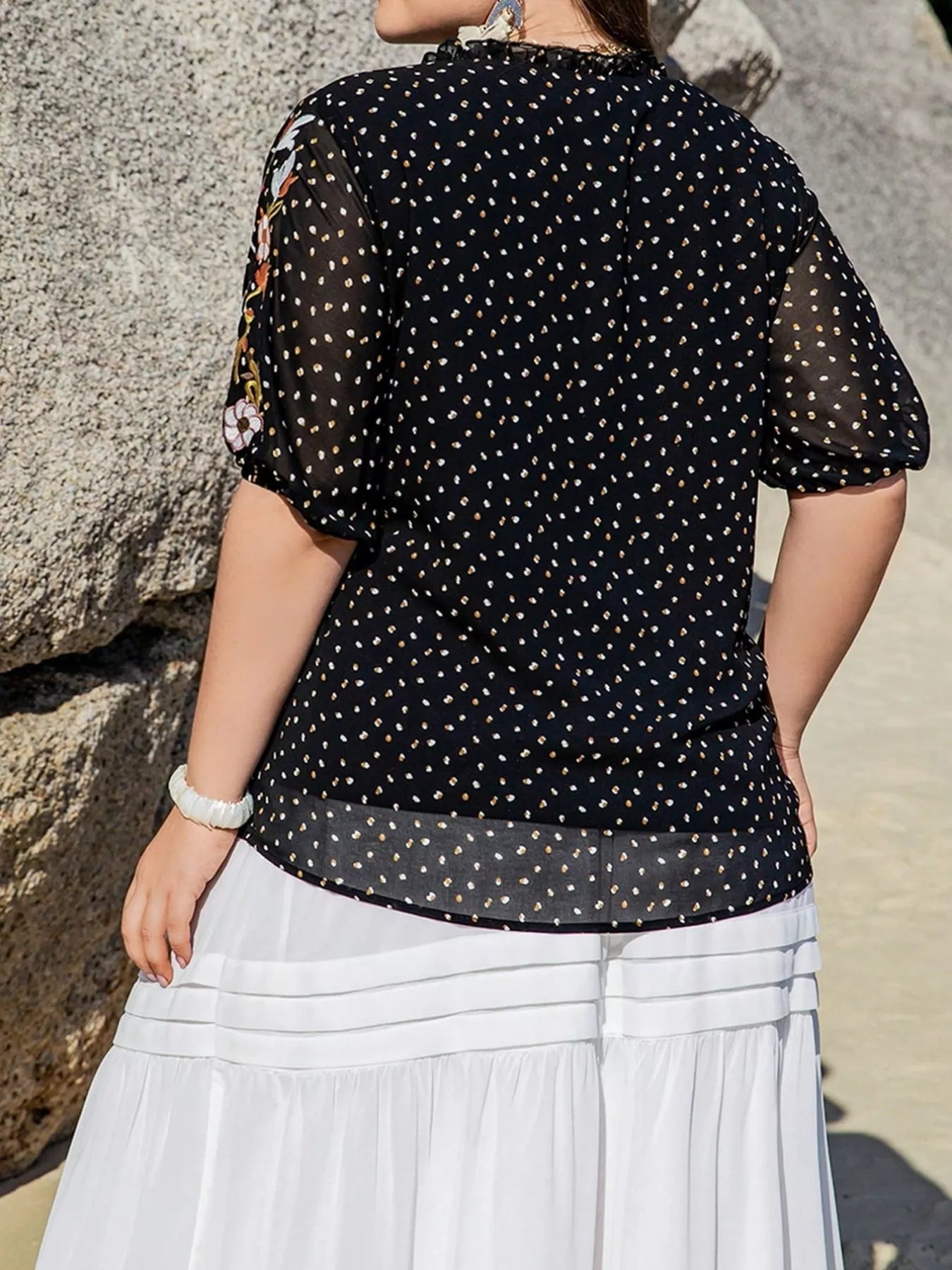 Plus Size Printed Tie Neck Half Sleeve Blouse OutfitFlow
