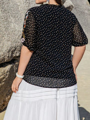 Plus Size Printed Tie Neck Half Sleeve Blouse OutfitFlow