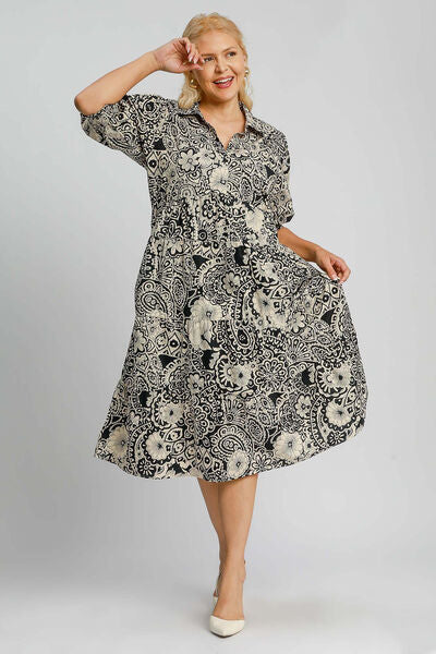 Umgee Full Size Printed Smocked Cuff Puff Sleeve Midi Dress Plus Size OutfitFlow