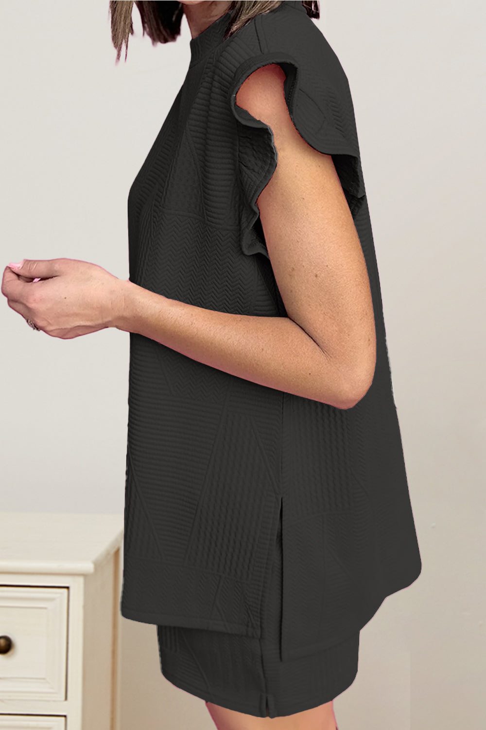 Slit Round Neck Top and Drawstring Shorts Set OutfitFlow