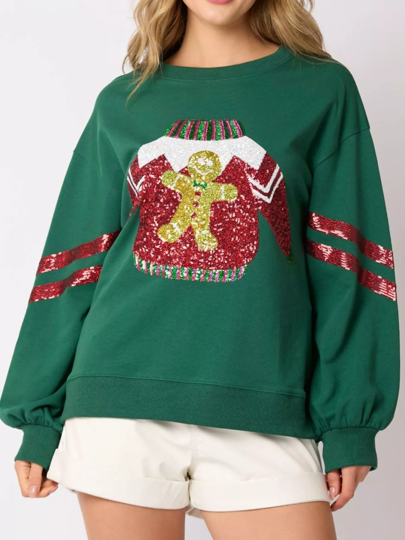 Christmas Sequin Santa Hat Holiday Sweatshirt Green OutfitFlow