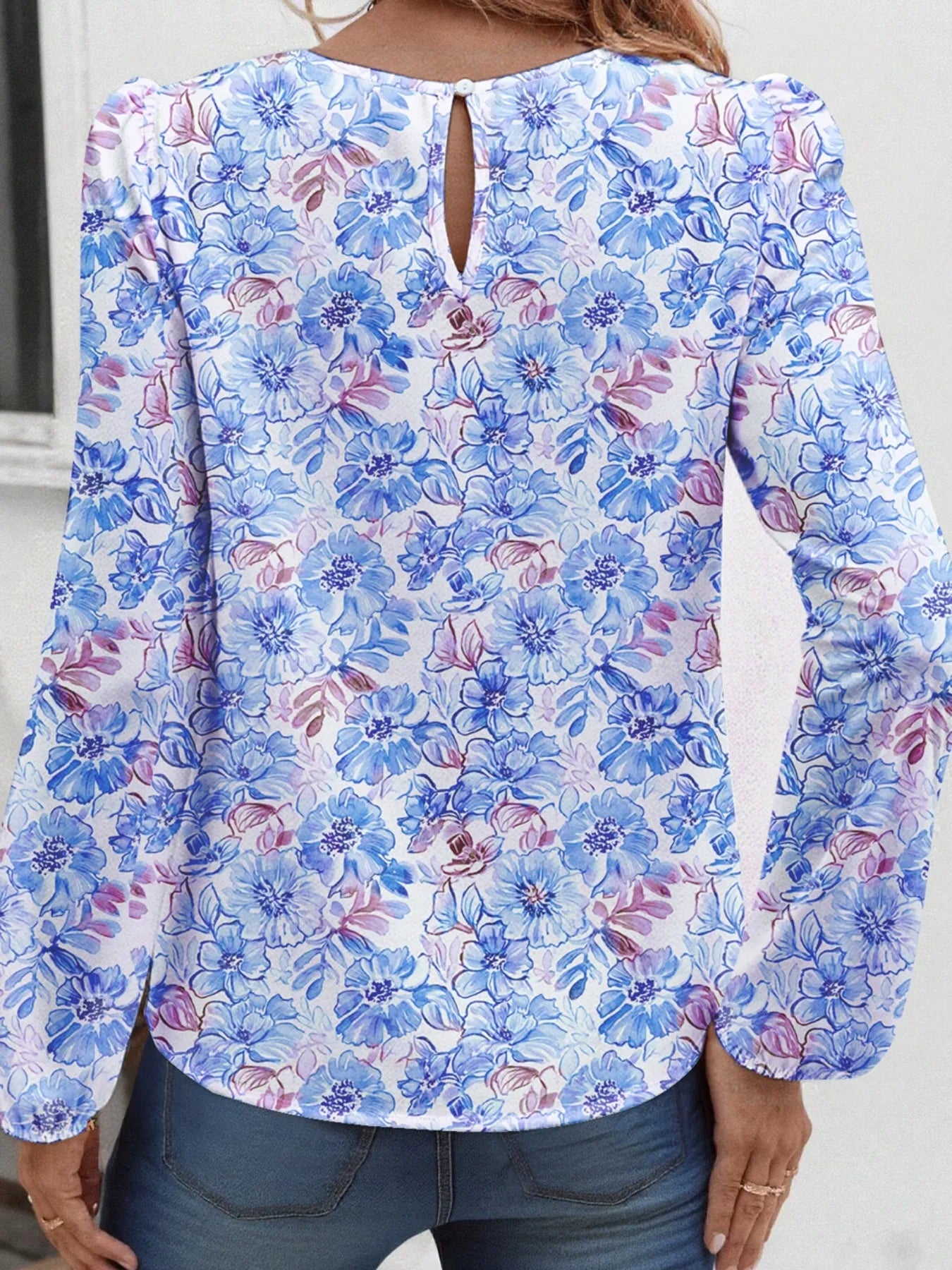 Floral Print Keyhole Neck Blouse OutfitFlow