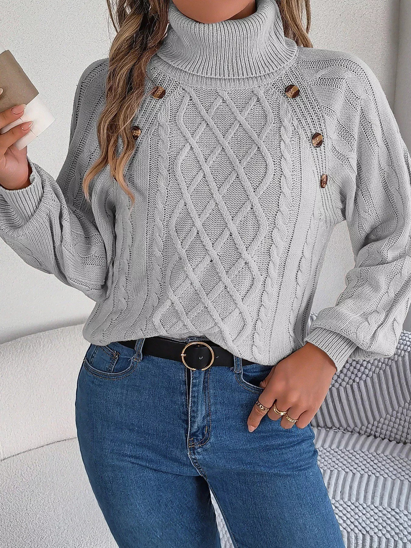 Cable Knit Turtleneck Long Sleeve Sweater Gray OutfitFlow