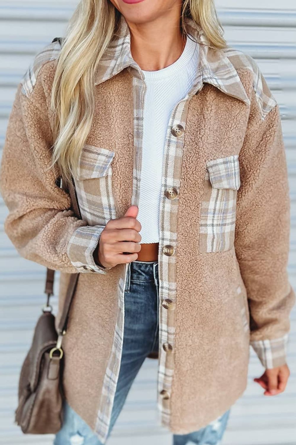 Outfit Flow - Pocketed Plaid Collared Neck Sherpa Jacket