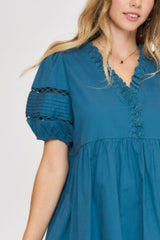 Umgee USA Full Size Lace Detail Puff Sleeve Mini Dress Plus Size OutfitFlow