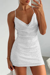 Cowl Neck Contrast Sequin Sleeveless Mini Dress OutfitFlow
