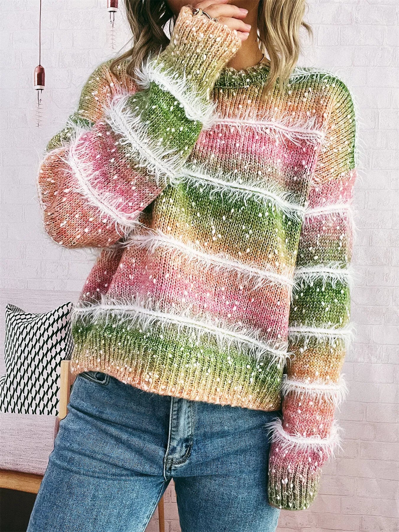 Gradient Striped Round Neck Sweater OutfitFlow