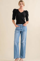 And The Why Puffed Half Sleeve Rib Basic Top OutfitFlow