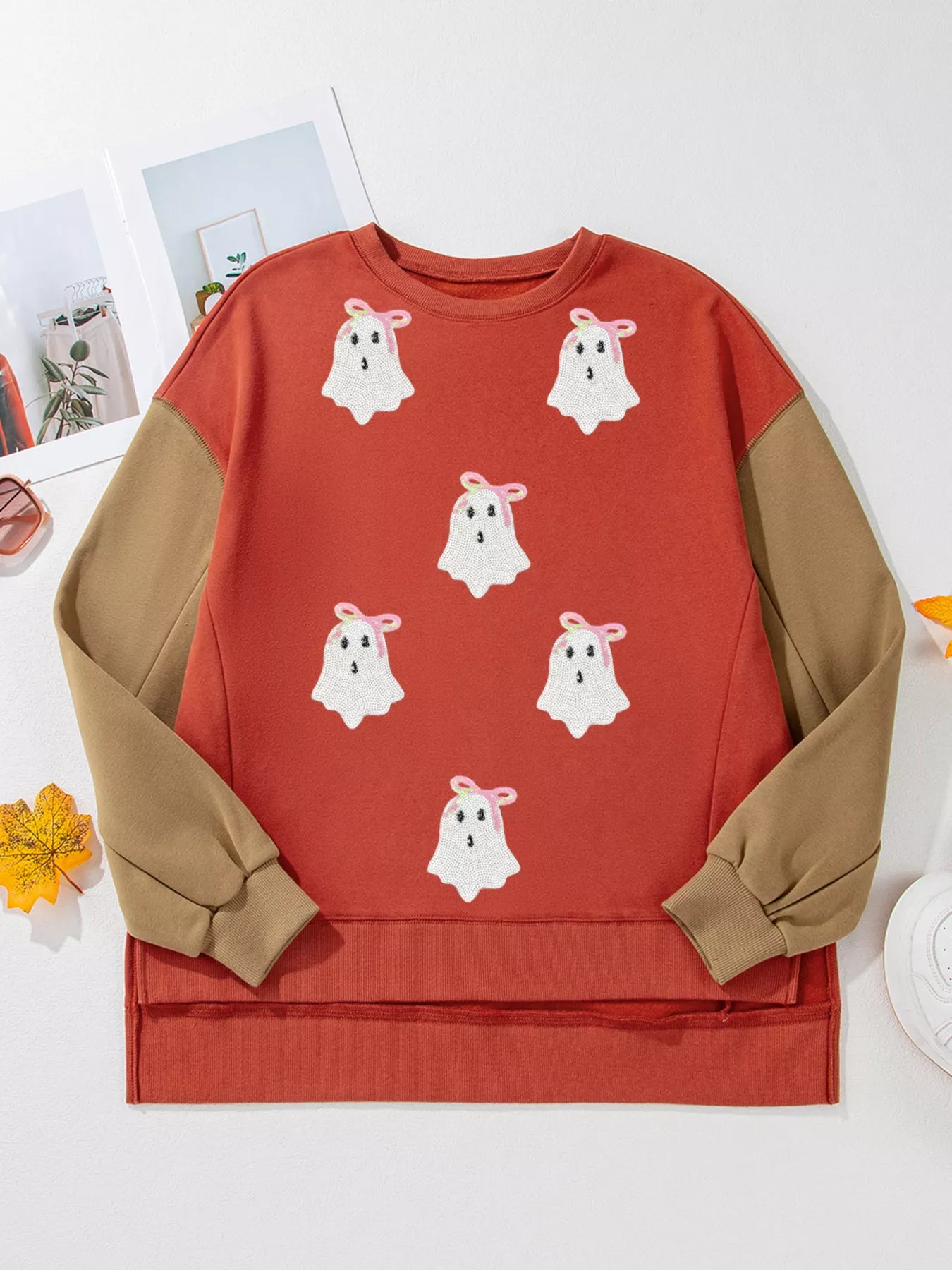 Halloween Glitter Ghost Patched Pattern Color Block Sweatshirt OutfitFlow