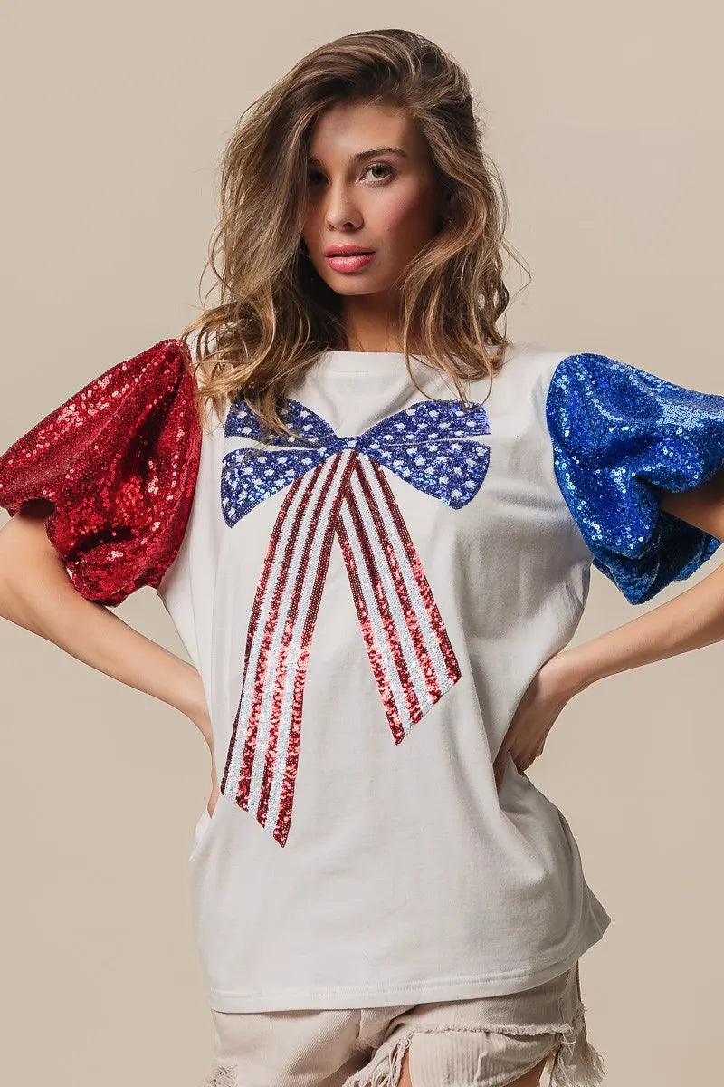 BiBi Sequin American Flag Bow Top OutfitFlow