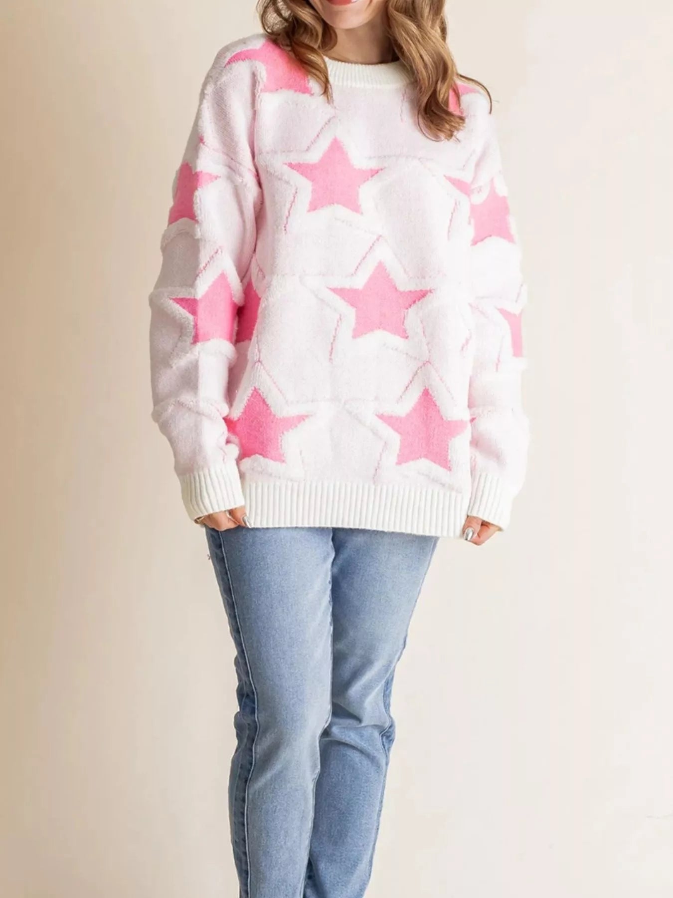 Oversized Star Pattern Ribbed Edge Drop Shoulder Sweater OutfitFlow