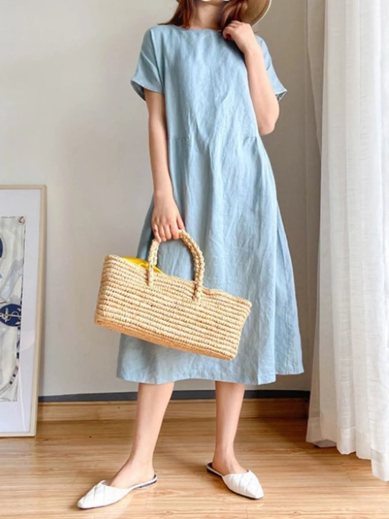 Full Size Casual Round Neck Midi Dress Plus Size OutfitFlow