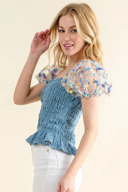 And The Why Embellishment Sleeve Smocked Top OutfitFlow