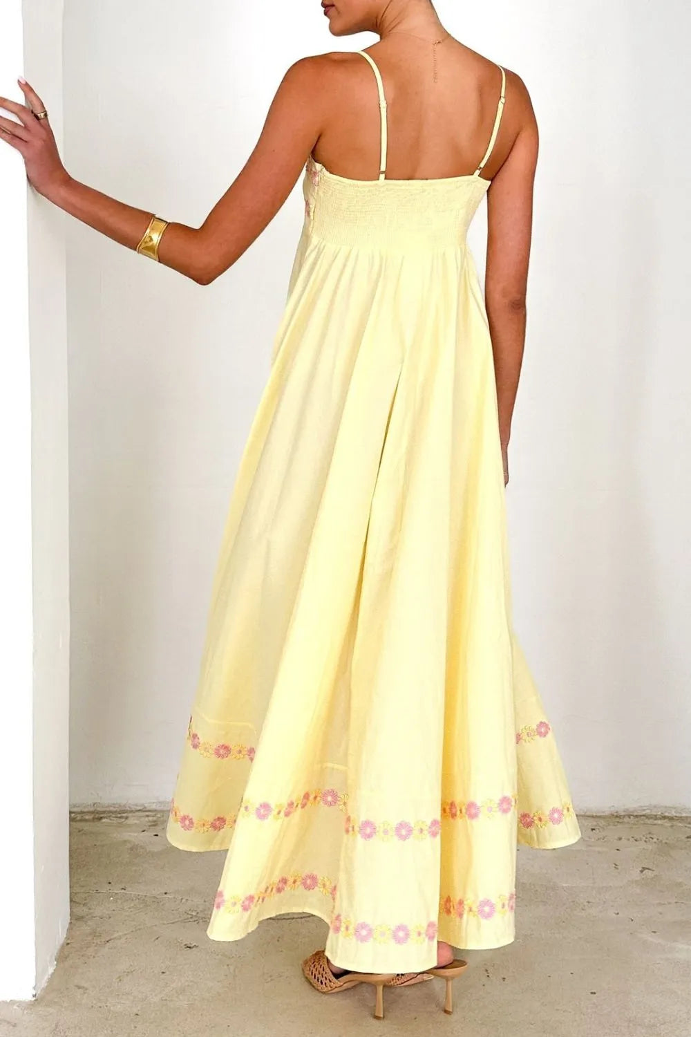 Floral Embroidered Spaghetti Strap Maxi Dress OutfitFlow