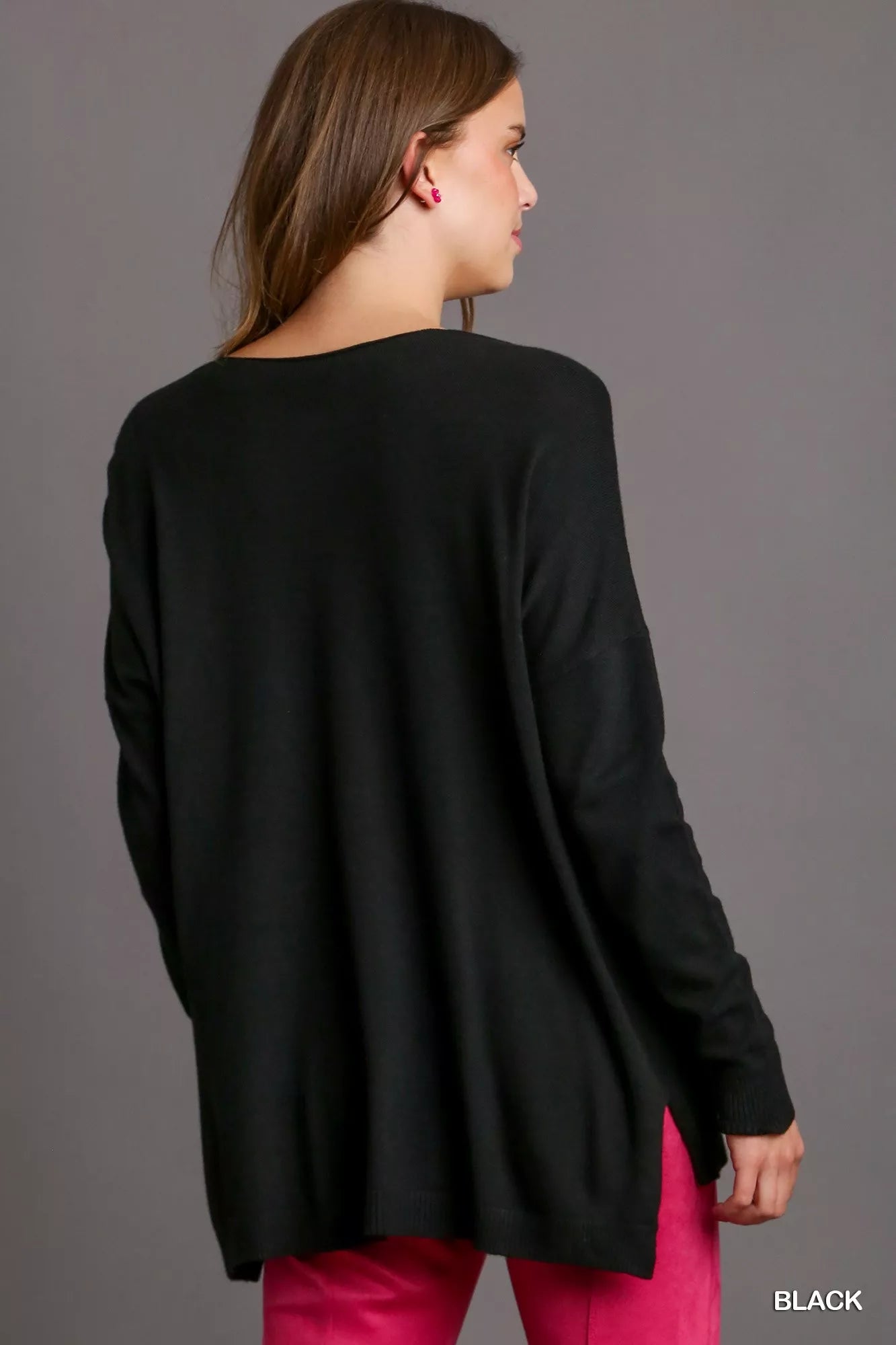 Umgee V-Neck High Low Hem Knit Top with Side Slit OutfitFlow