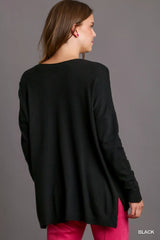 Umgee V-Neck High Low Hem Knit Top with Side Slit OutfitFlow