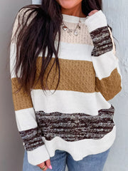 Mixed Texture Knit Striped Color Block Loose Sweater OutfitFlow