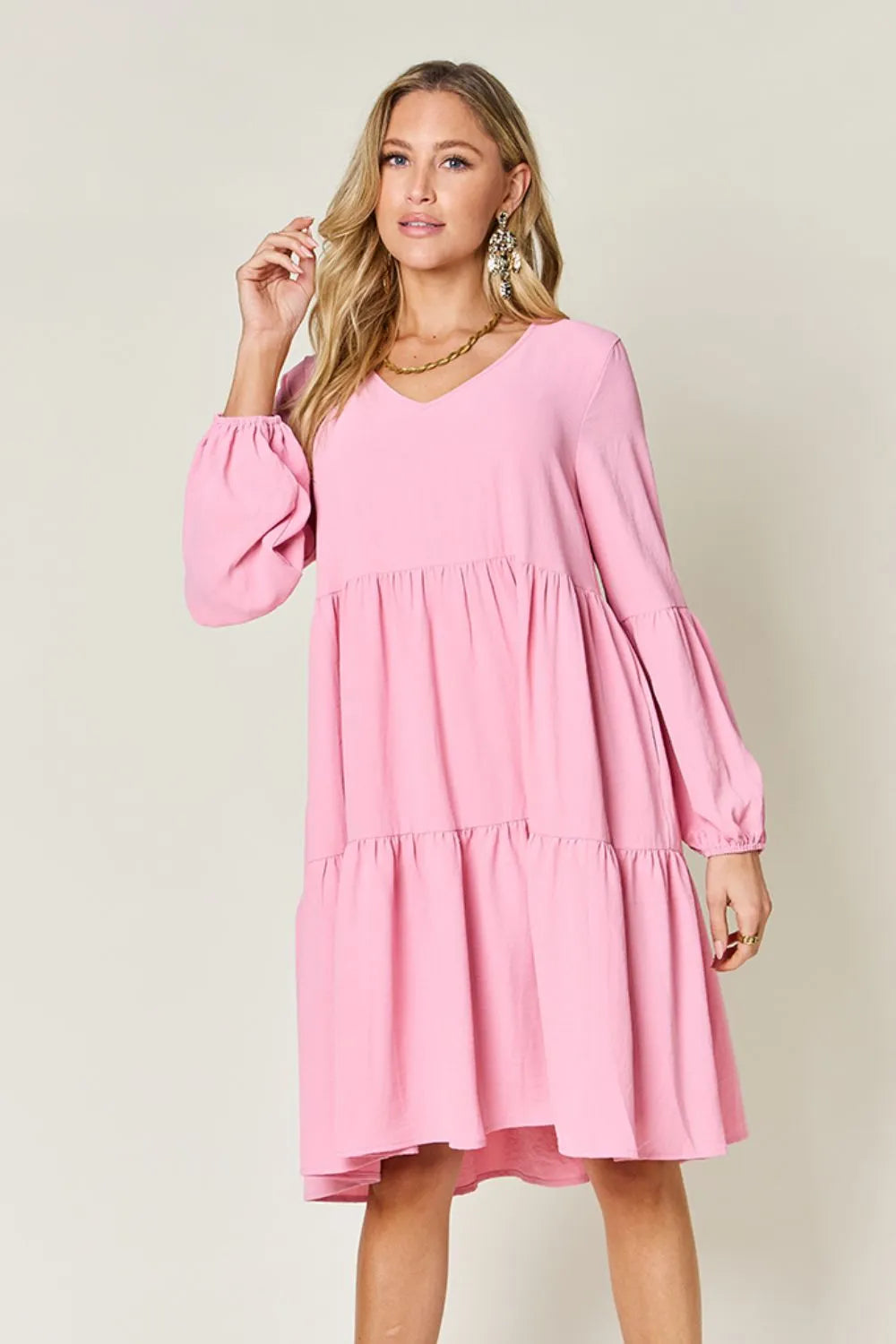Double Take Full Size V-Neck Balloon Sleeve Tiered Dress with Pockets Pink OutfitFlow