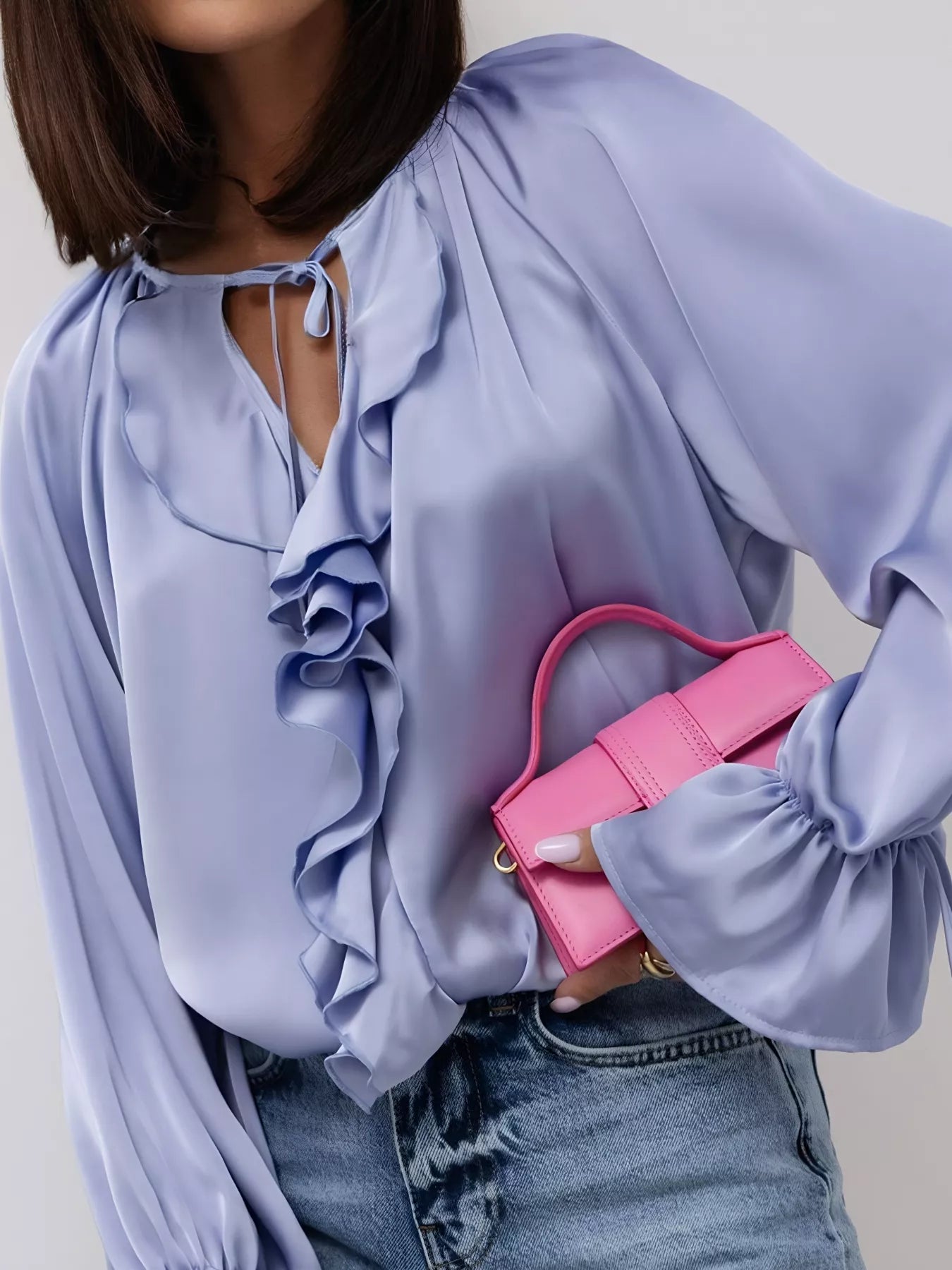 Ruffle Trim Satin Flounce Sleeve Blouse Blue Purple OutfitFlow