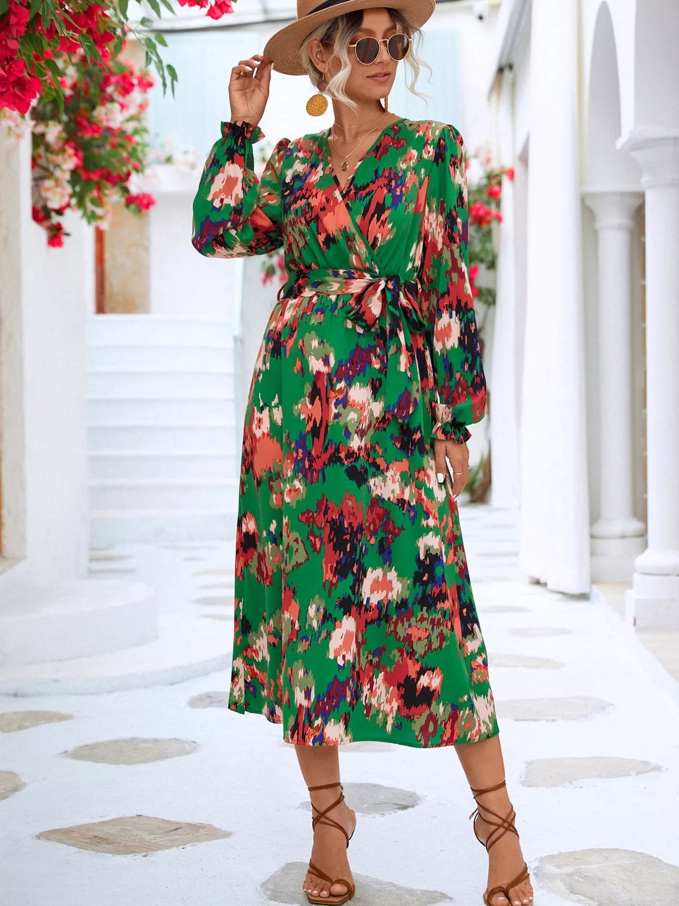 Printed Surplice Long Sleeve Midi Dress OutfitFlow