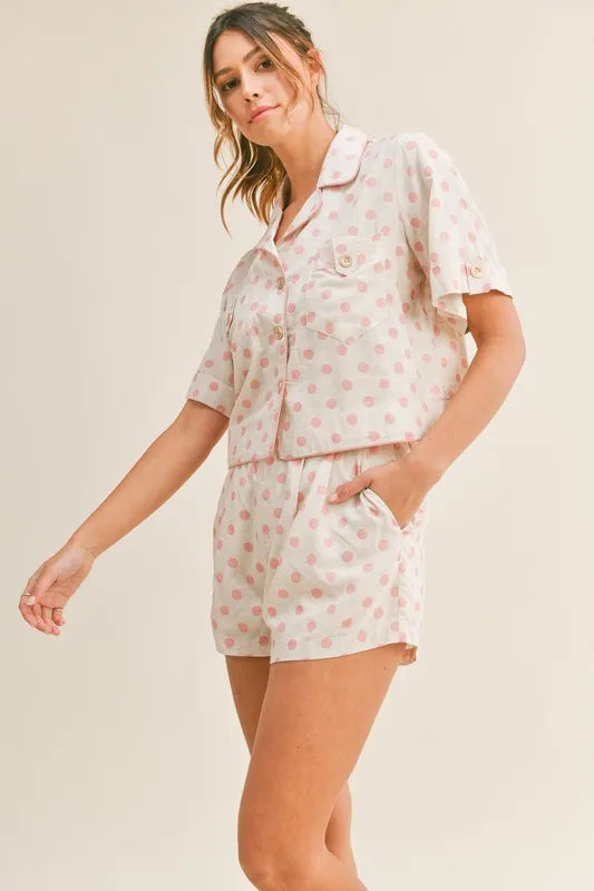 MABLE Polka Dot Collar Crop Top and Short Lounge Set OutfitFlow