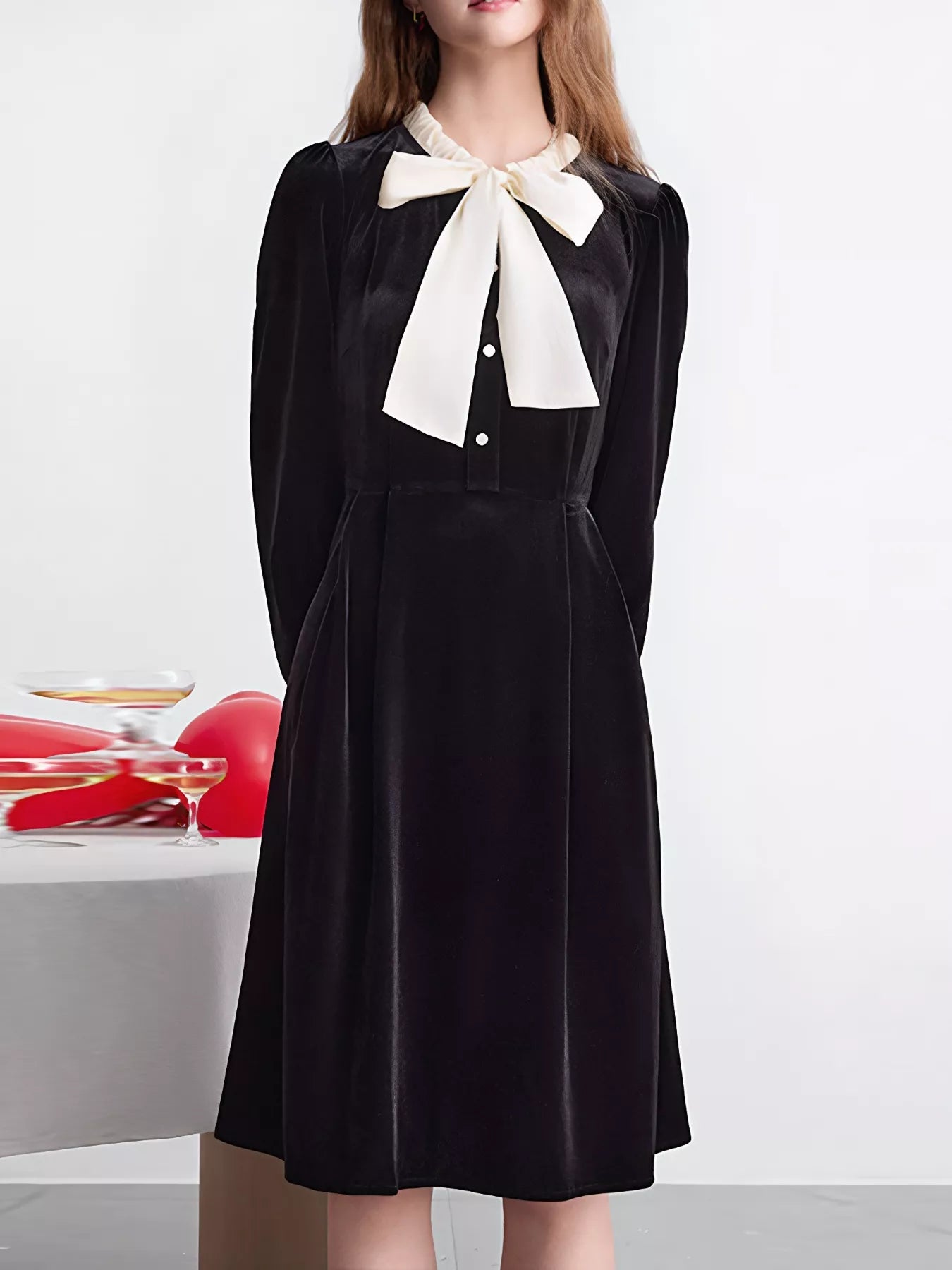 Velvet Bowknot Long Sleeve A-Line Dress OutfitFlow