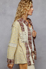 POL Studded Contrast Plaid Long Sleeve Shirt OutfitFlow