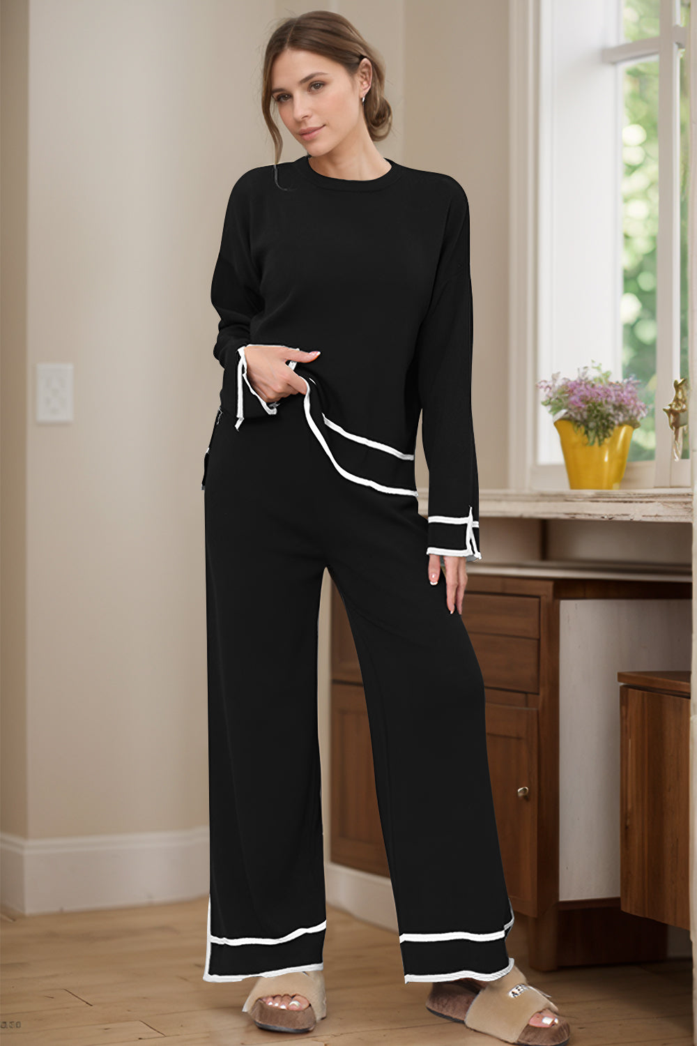 Outfit Flow - High-Low Round Neck Top and Pants Sweater Set