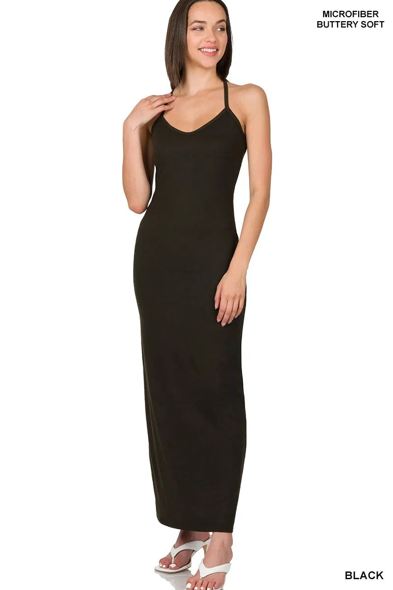 Zenana Brushed Dty Thin Strap Racerback V-Neck Maxi Dress BLACK Trendsi