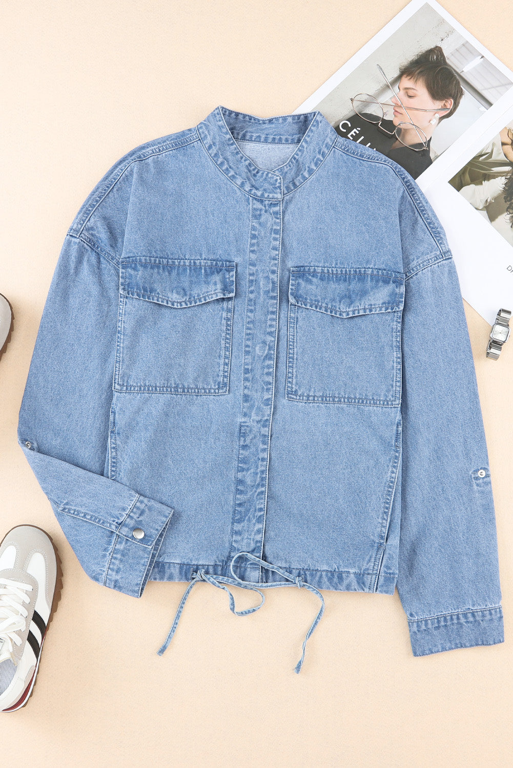 Outfit Flow - Drawstring Snap Down Denim Jacket with Chest Pockets