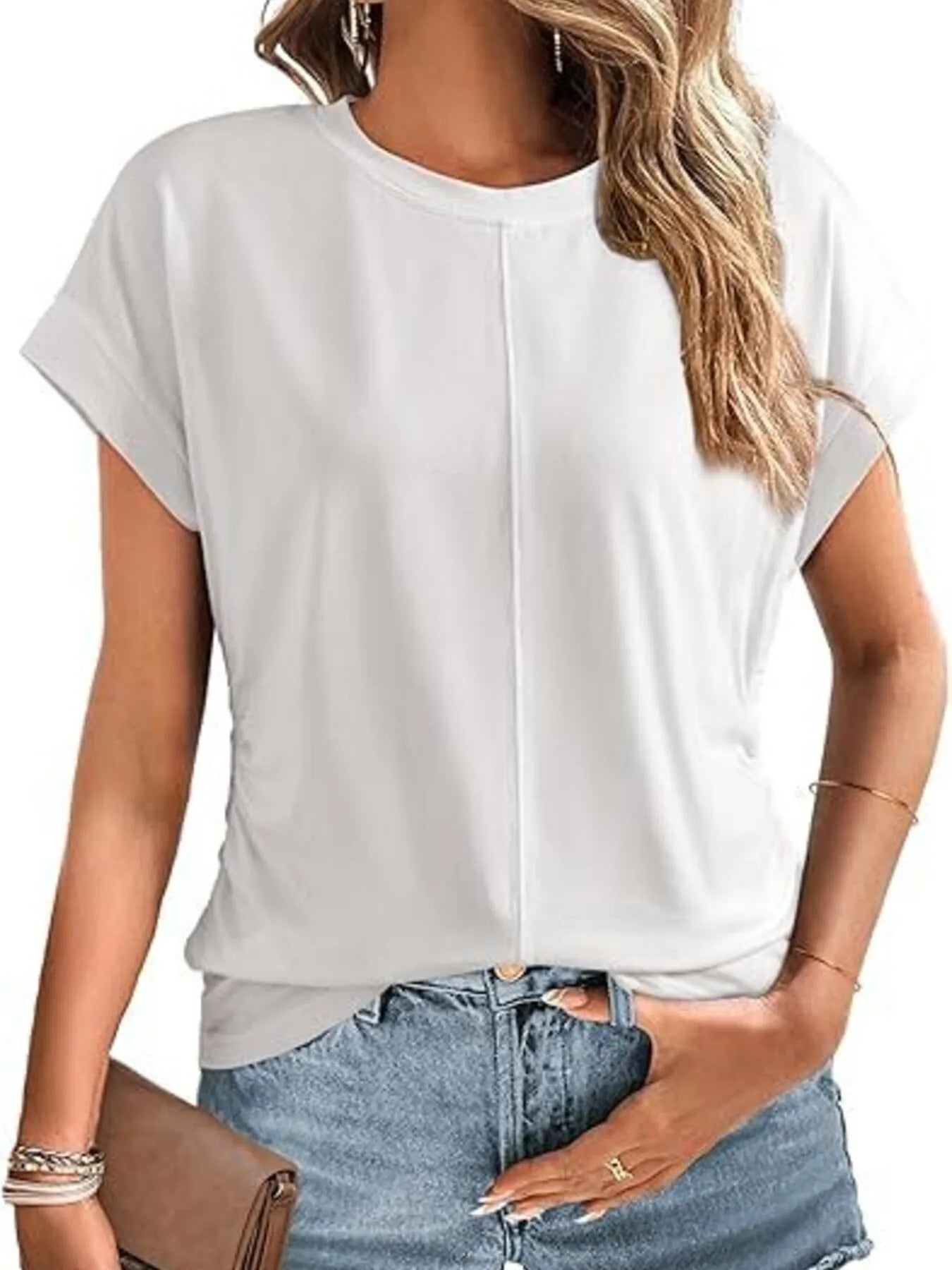 Round Neck Short Sleeve T-Shirt White OutfitFlow