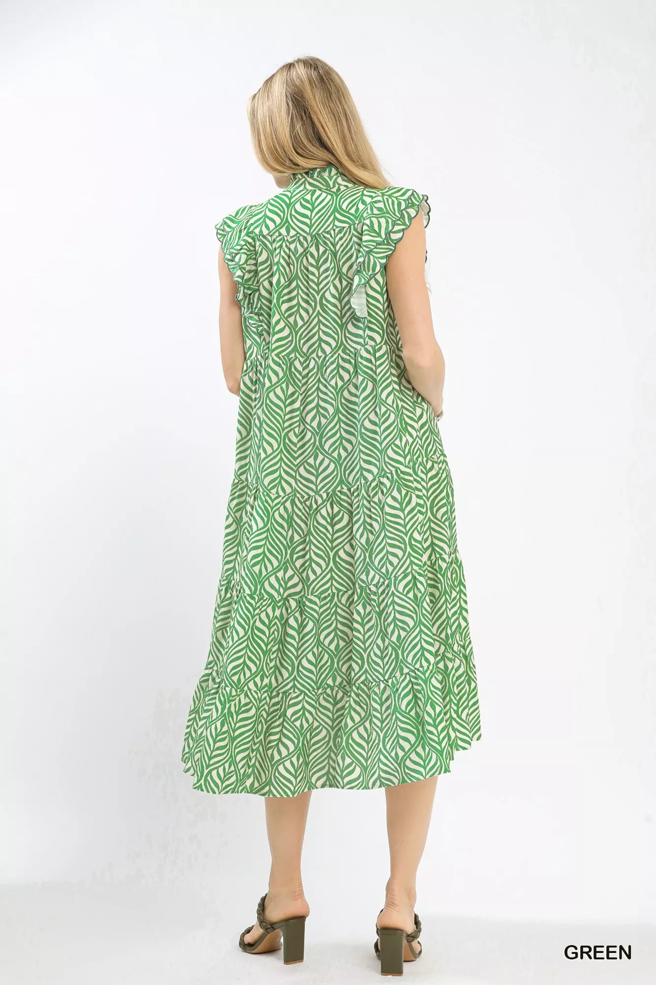 Umgee Leaf Print Tiered Midi Dress with Ruffle Detail OutfitFlow