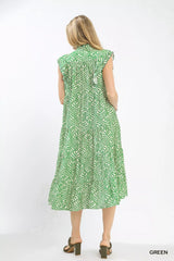 Umgee Leaf Print Tiered Midi Dress with Ruffle Detail OutfitFlow