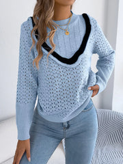 Hollow-Out Knit Top with Contrast Trim Light Blue OutfitFlow