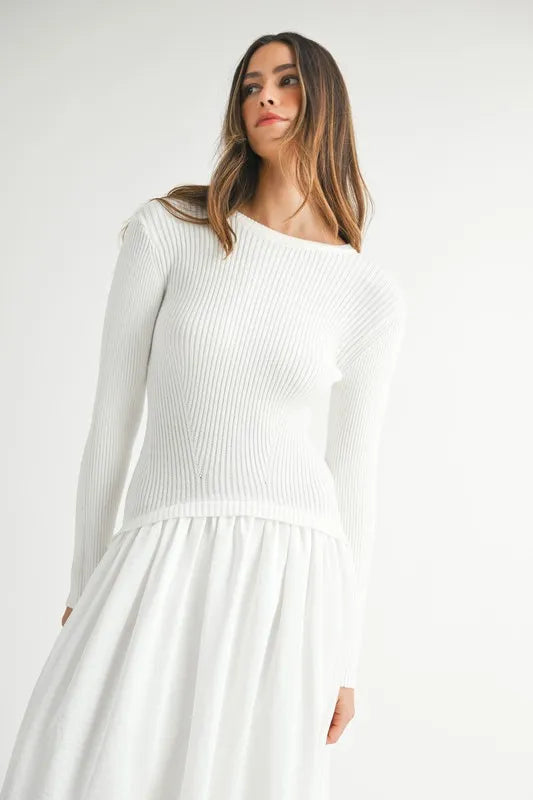MABLE Ribbed Poplin Mix Midi Sweater Dress OutfitFlow