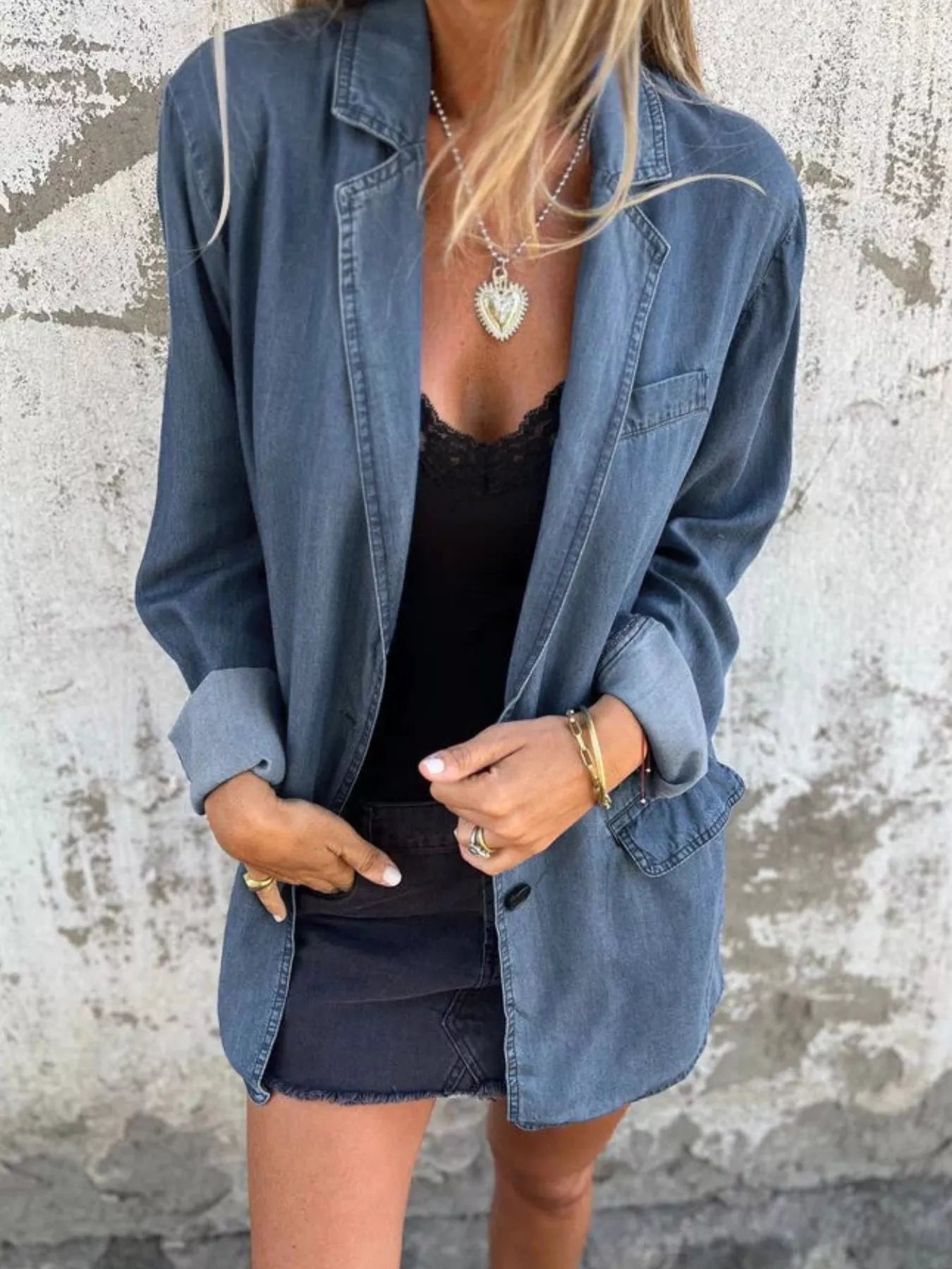 Full Size Button Down Denim Blazer Plus Size Washed Blue Trendsi