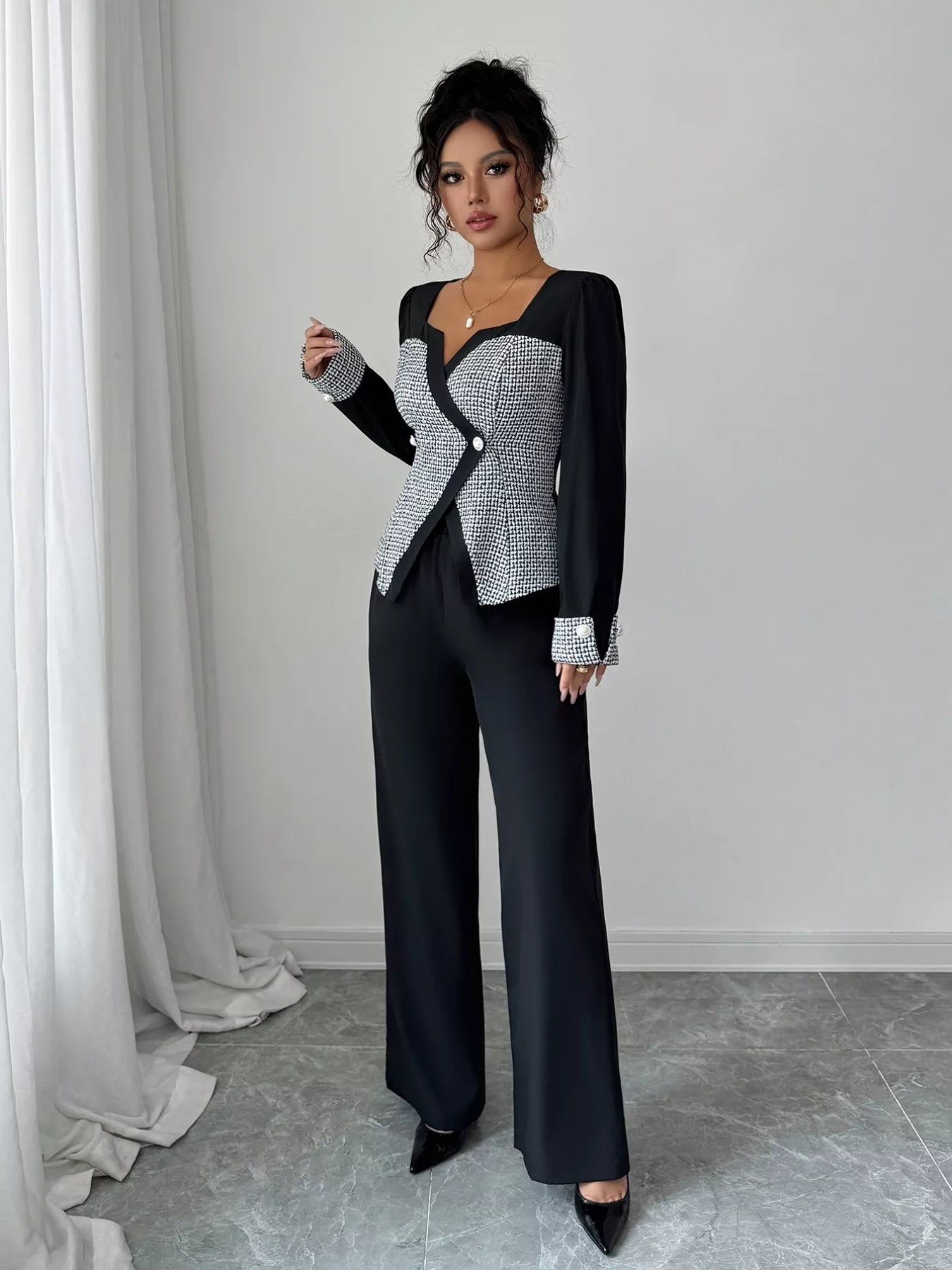 Long Sleeve Top and Wide Leg Pants Set OutfitFlow