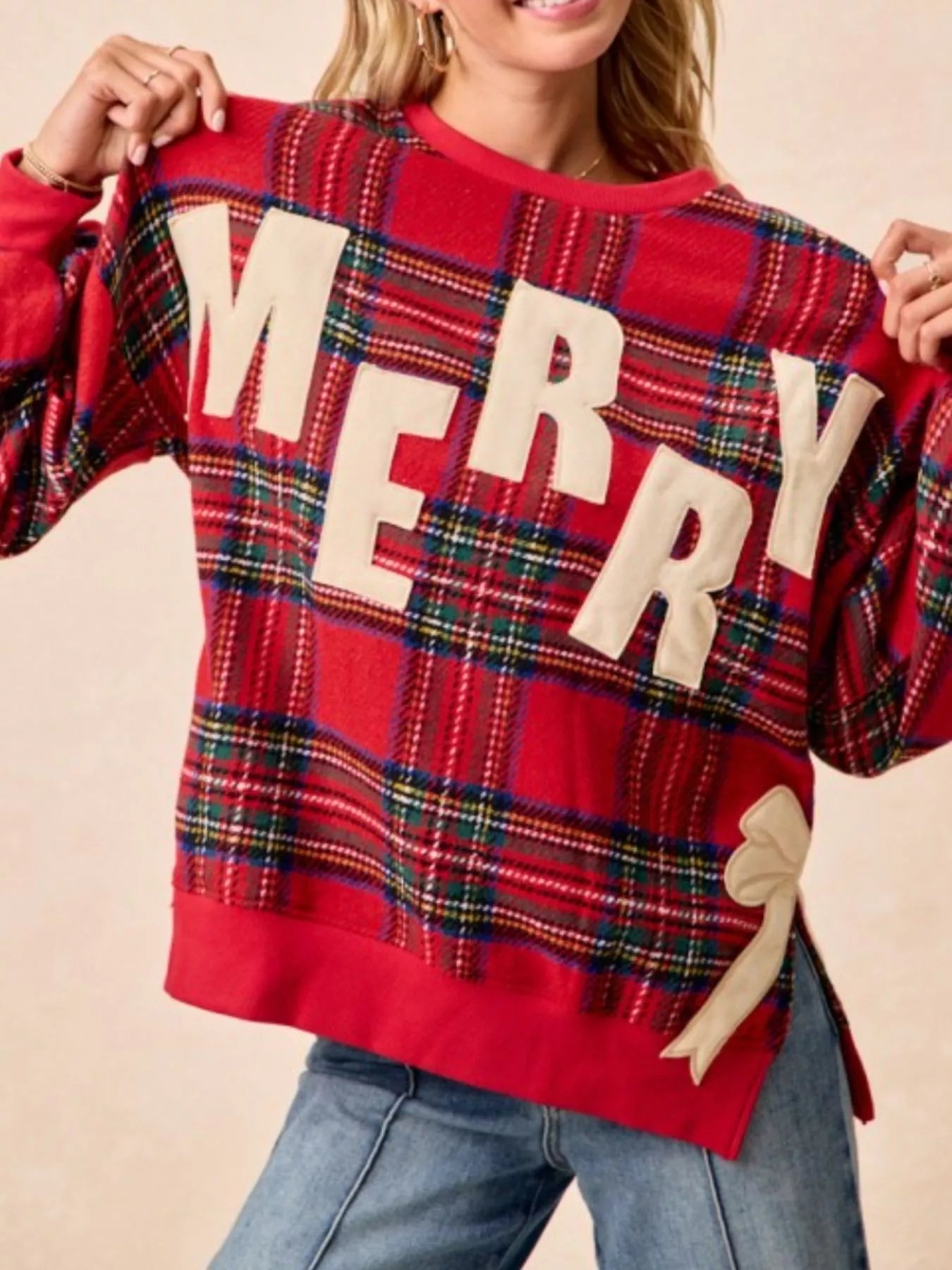 MERRY Bow Slit Crew Neck Christmas Sweatshirt OutfitFlow