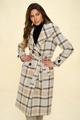Coalition LA Double-Breasted Plaid Coat with Belt Khaki Multi Trendsi