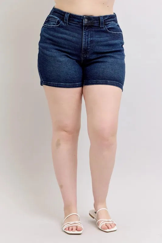 Judy Blue Full Size High Waist Back Flap Pocket Denim Shorts Plus Size OutfitFlow