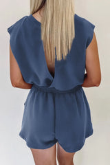 Round Neck Drawstring Waist Romper OutfitFlow
