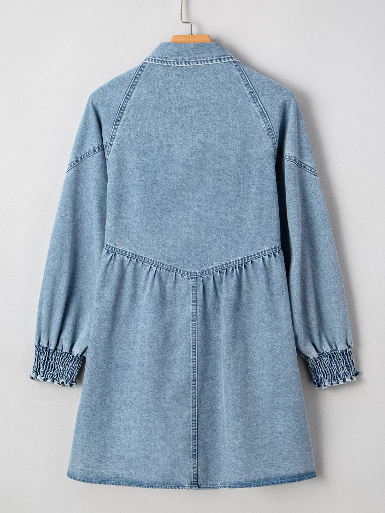 Smocked Cuffs Flared Denim Shirt Mini Dress Trendsi