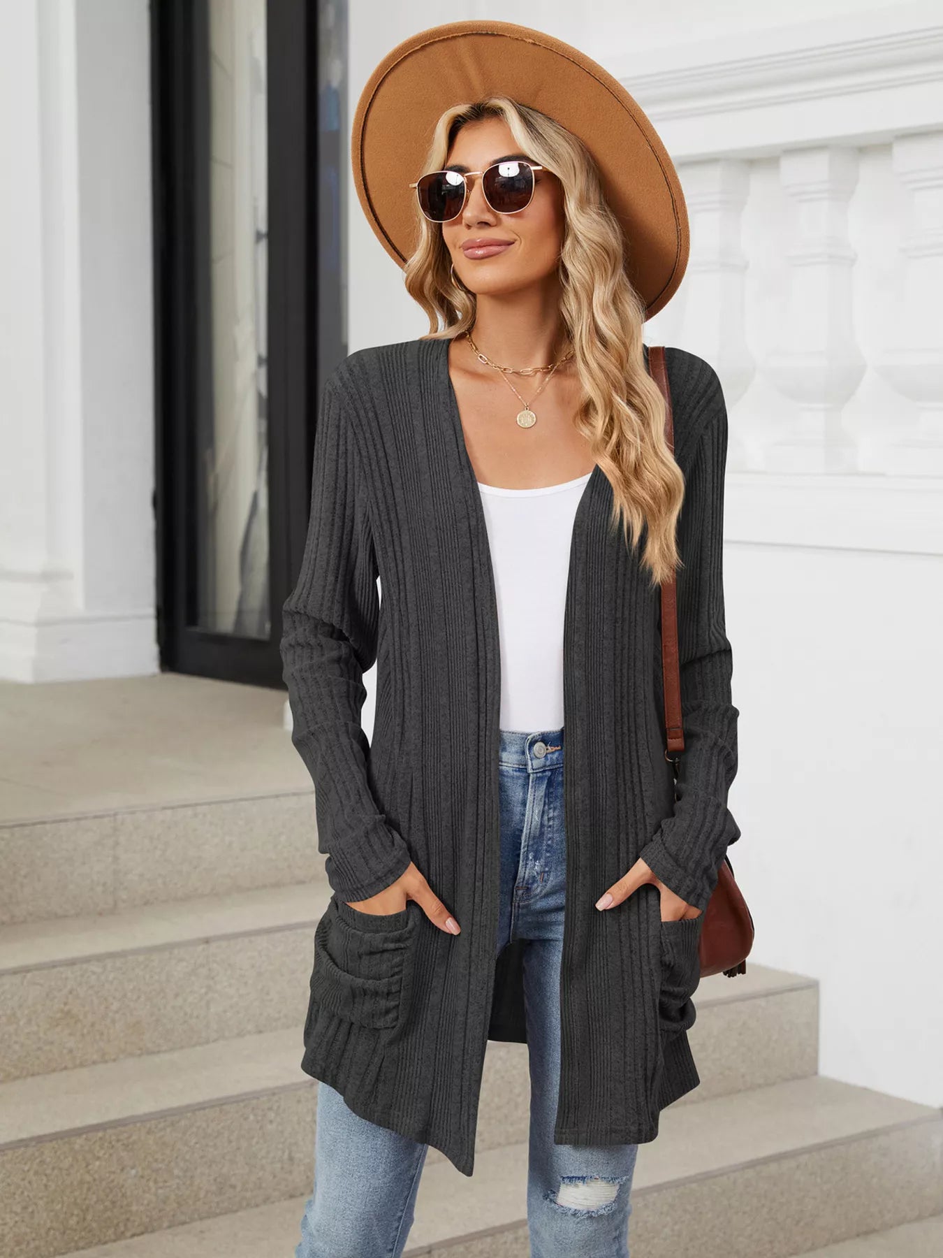 Open Front Long Cardigan Dark Gray OutfitFlow