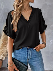 Ruffled V-Neck Short Sleeve Blouse Black OutfitFlow