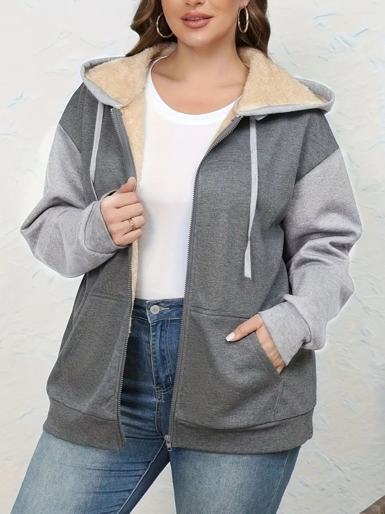 Sherpa Lined Zip-Up Hoodie Gray OutfitFlow