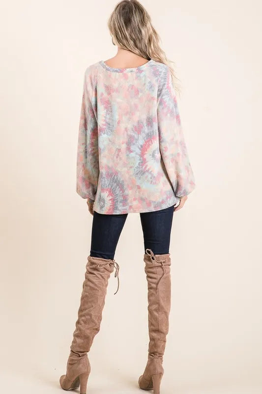 BiBi Brushed Tie Dye Print Top with Puff Sleeves OutfitFlow