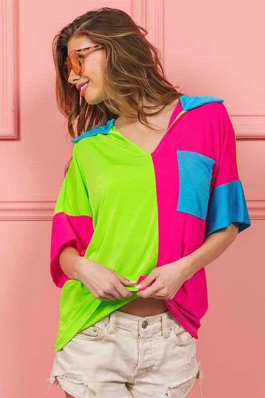 BiBi Slinky Knit Color Block V Neck Front Top OutfitFlow