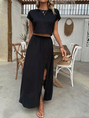 Round Neck Top and Slit Skirt Set OutfitFlow